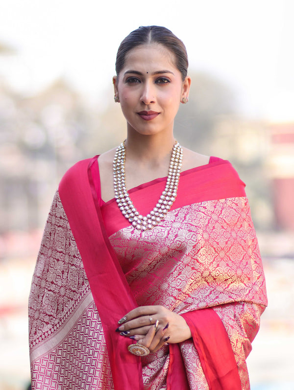 Banarasee Handloom Semi Katan Saree With Tanchoi Design-Pink