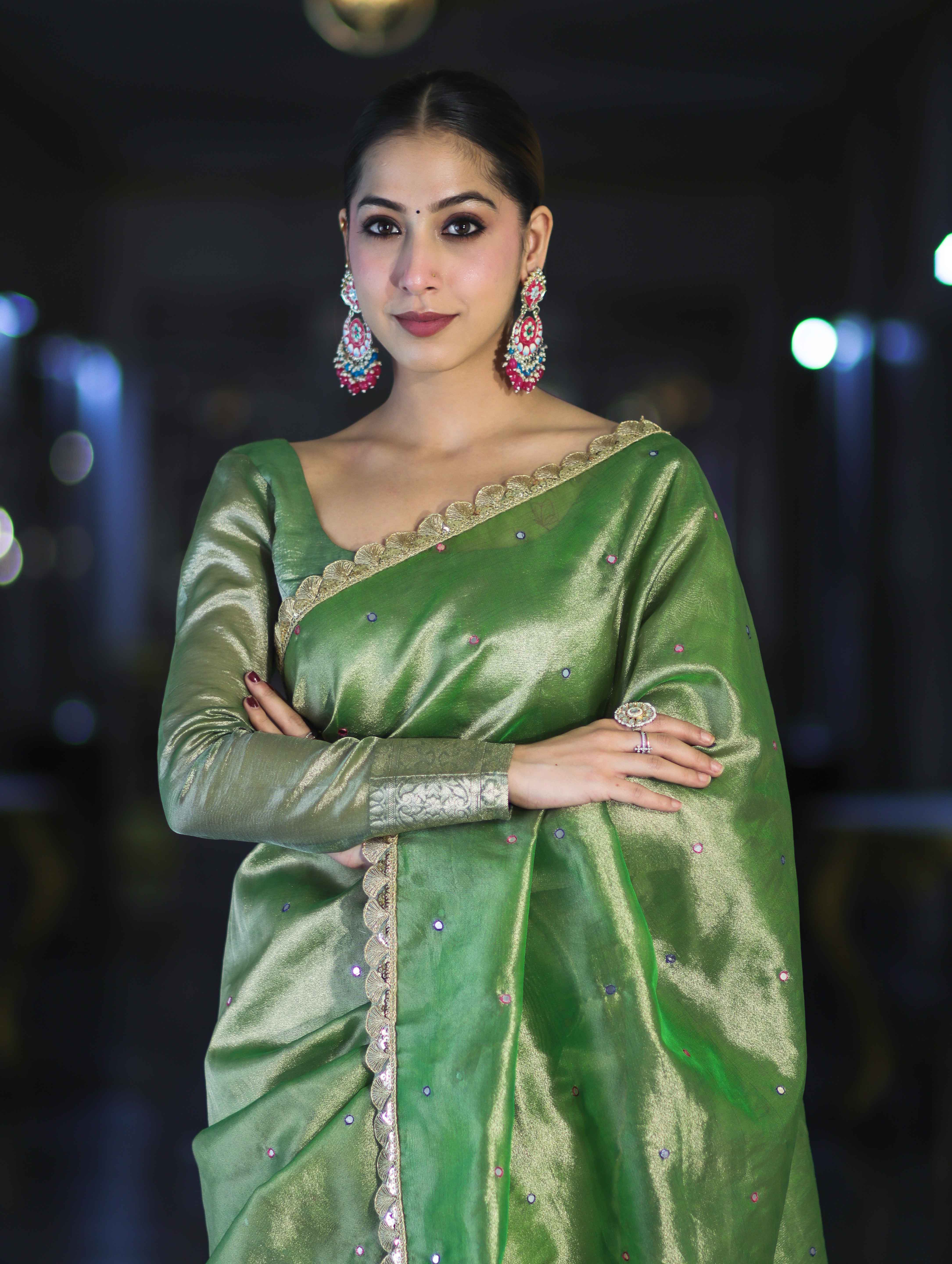 Banarasee Handwoven Tissue Saree With Handwoven Pearl Motifs & Lace-Light Green