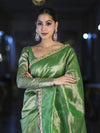 Banarasee Handwoven Tissue Saree With Handwoven Pearl Motifs & Lace-Light Green