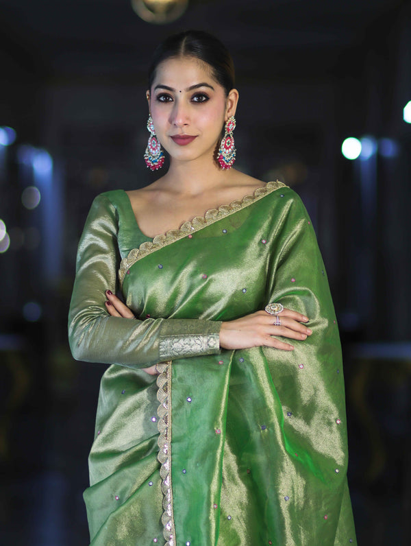 Banarasee Handwoven Tissue Saree With Handwoven Pearl Motifs & Lace-Light Green