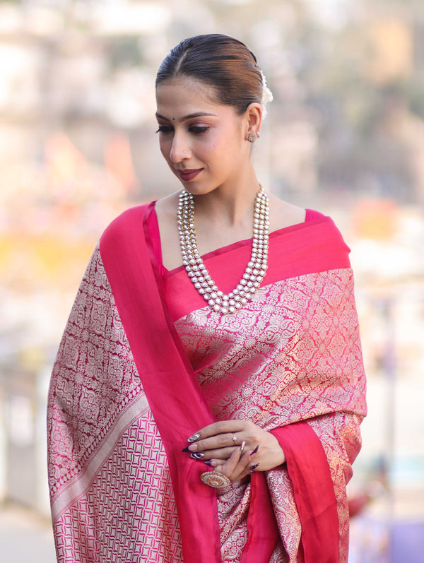 Banarasee Handloom Semi Katan Saree With Tanchoi Design-Pink