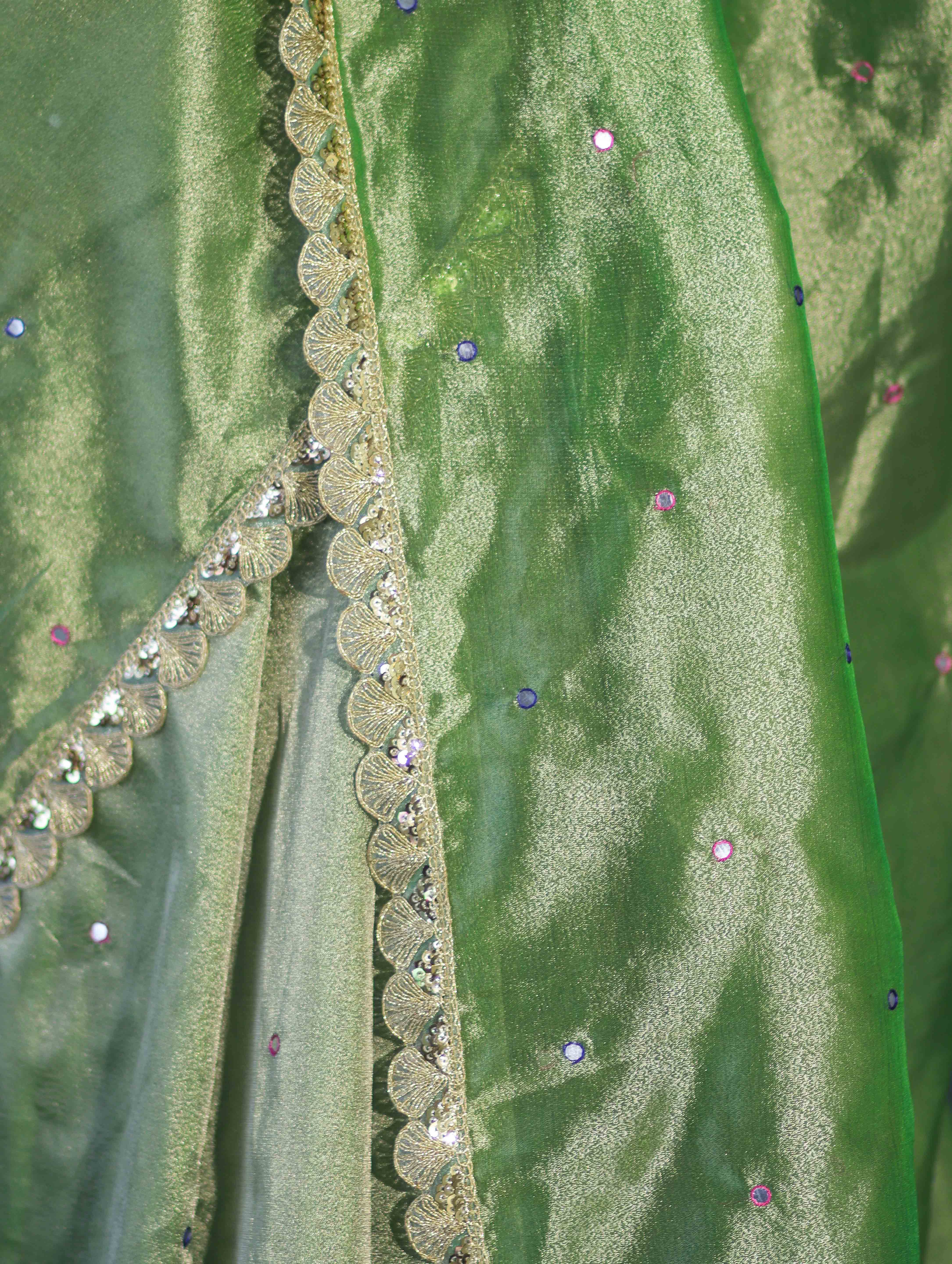 Banarasee Handwoven Tissue Saree With Handwoven Pearl Motifs & Lace-Light Green
