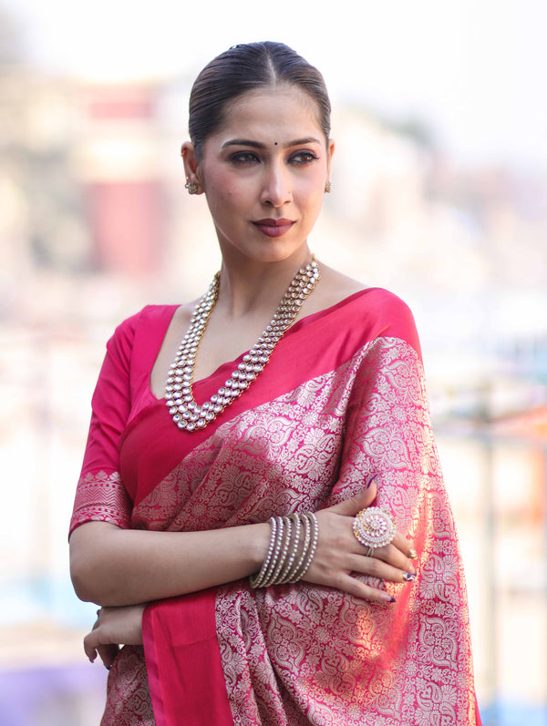 Banarasee Handloom Semi Katan Saree With Tanchoi Design-Pink