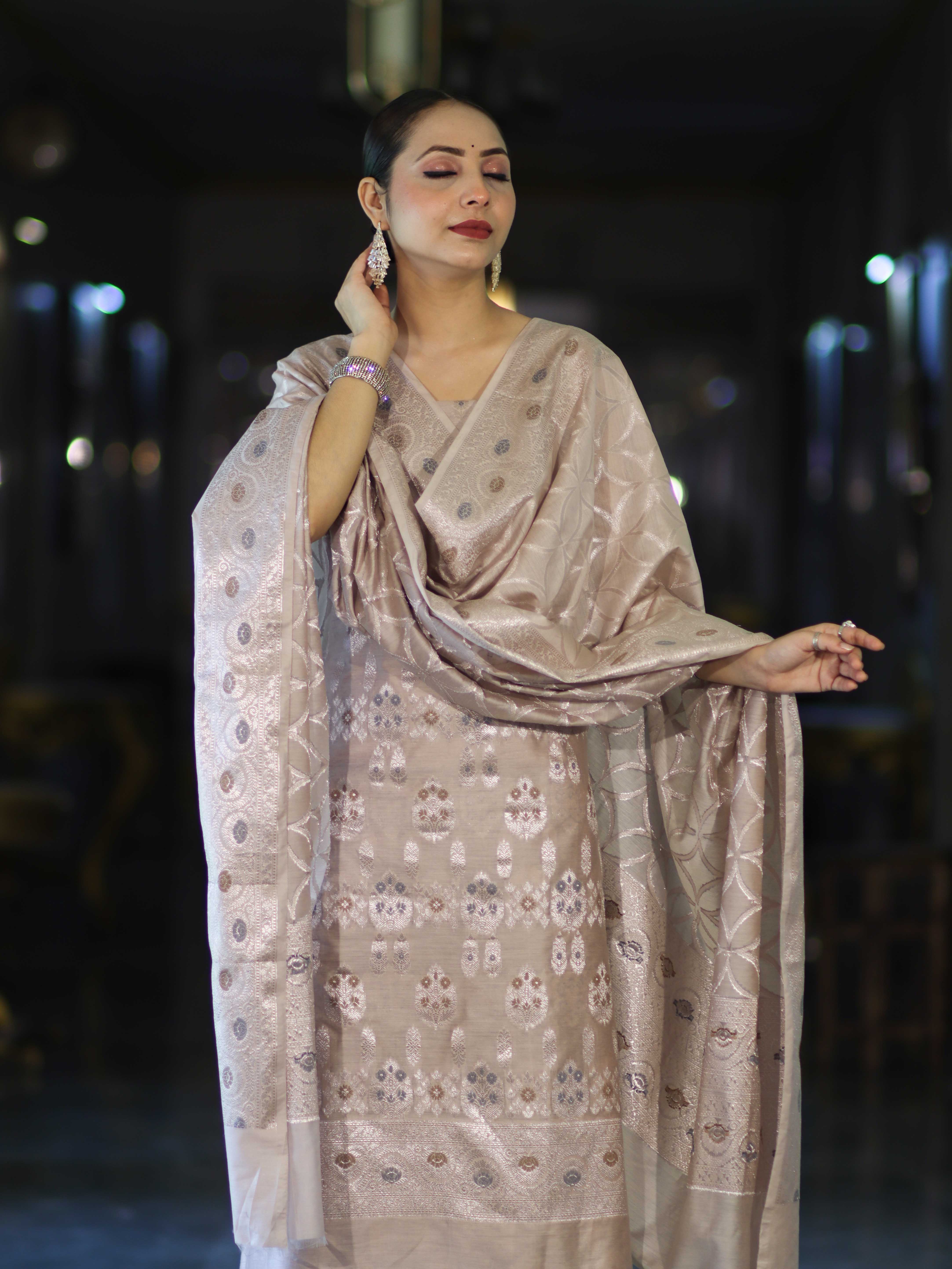 Banarasee Cotton Silk Zari Work Salwar Kameez Fabric With Dupatta Set-Dusty Pink