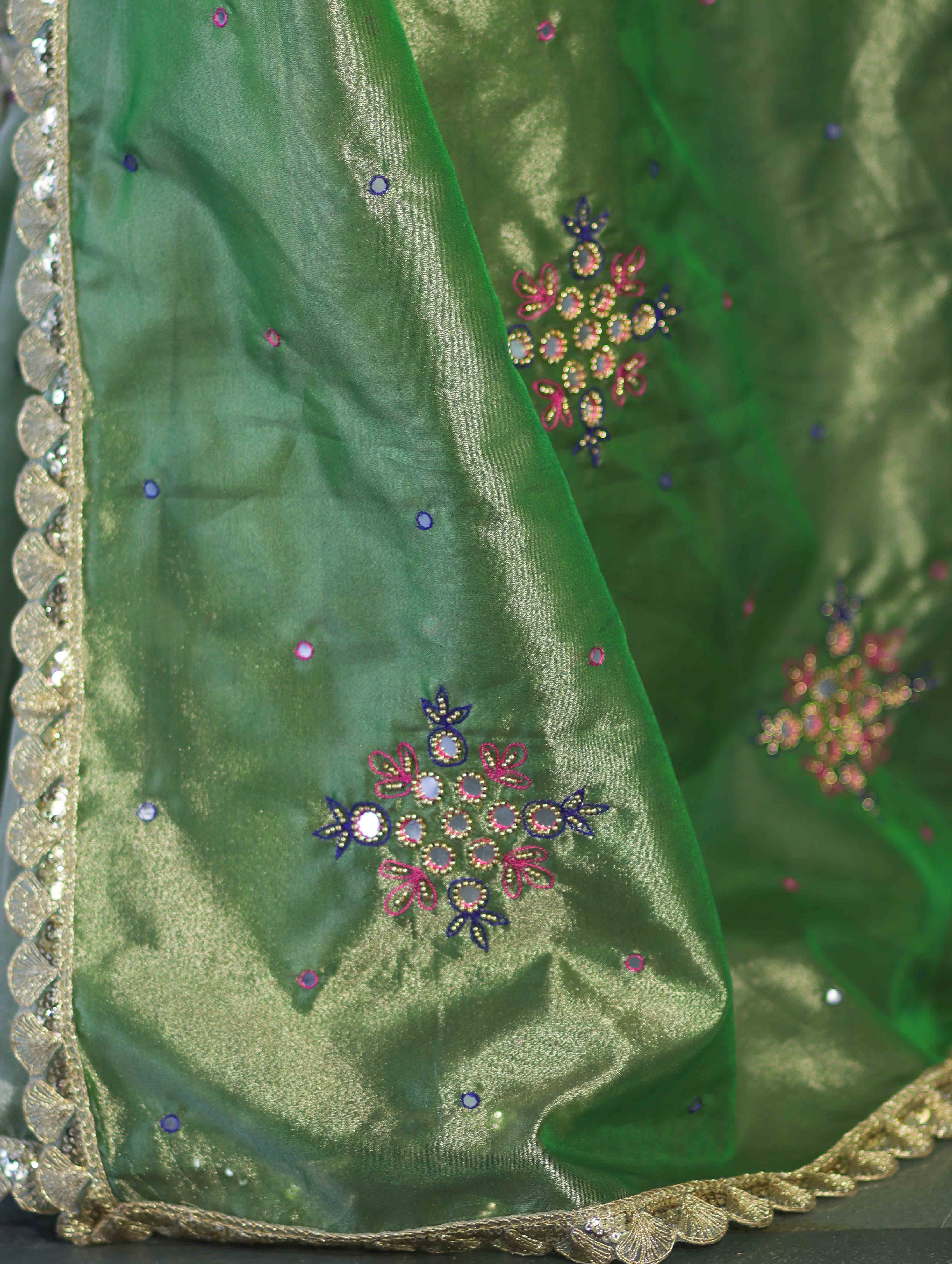 Banarasee Handwoven Tissue Saree With Handwoven Pearl Motifs & Lace-Light Green
