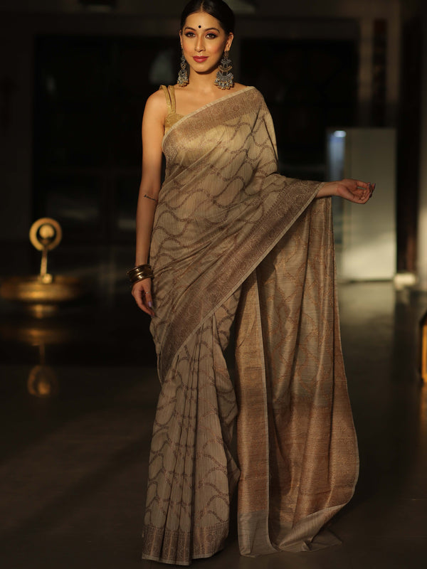 Banarasee Cotton Silk Mix Banswada Sari With Antique Zari Design-Beige