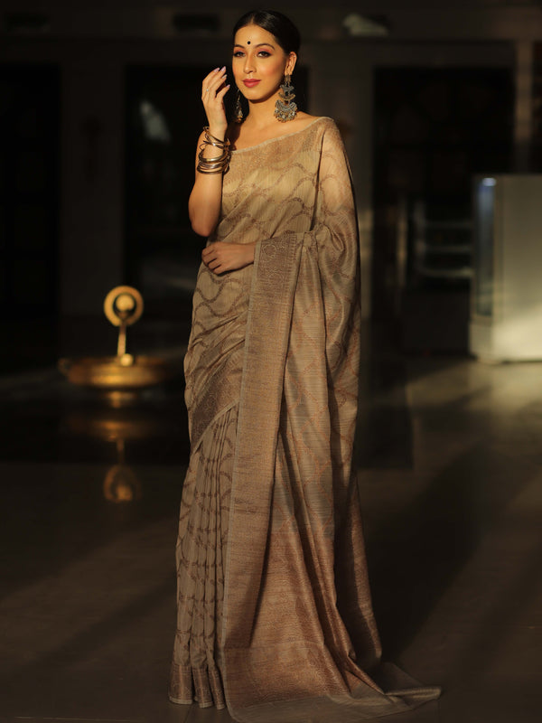 Banarasee Cotton Silk Mix Banswada Sari With Antique Zari Design-Beige