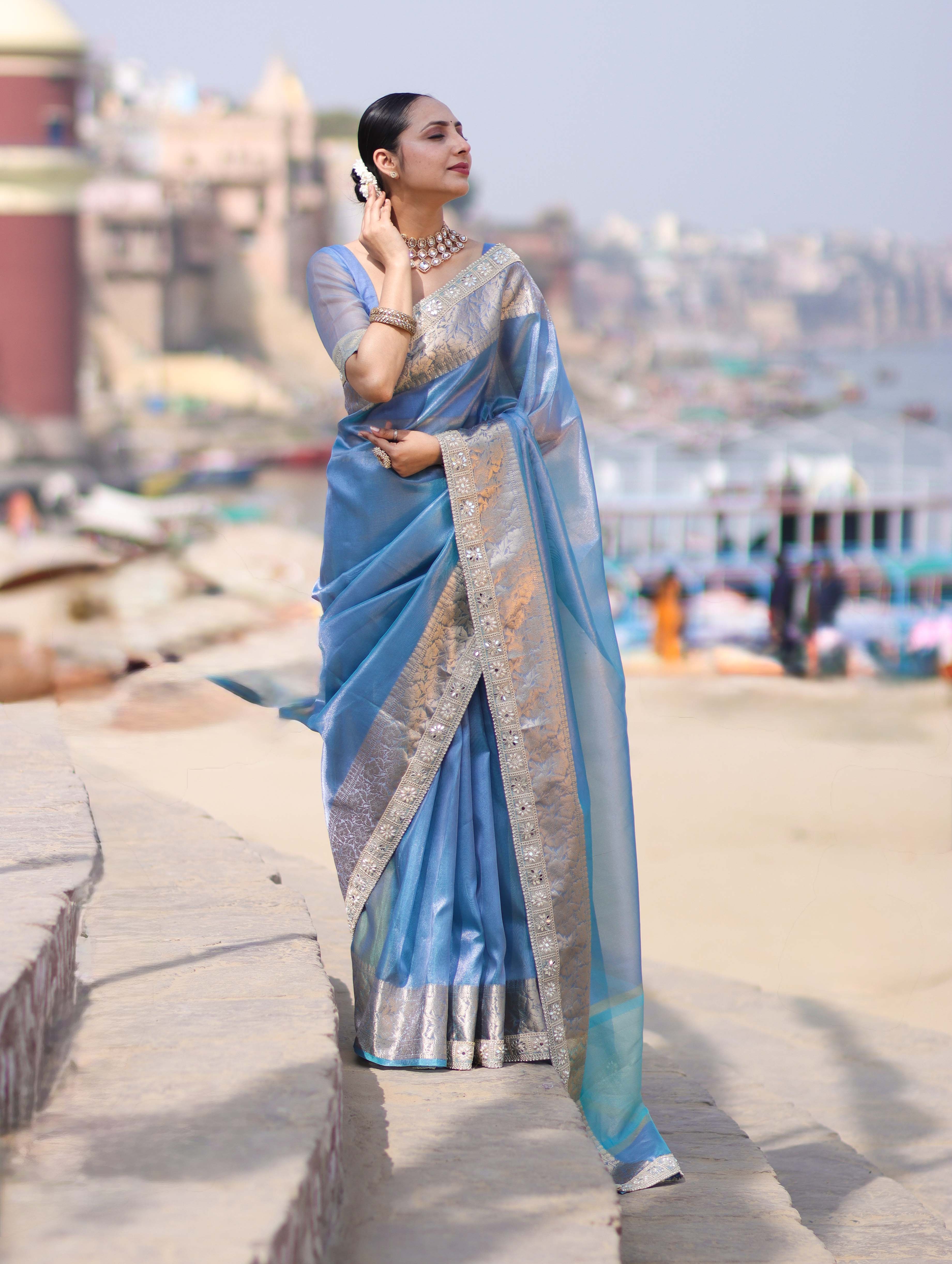 Banarasee Handloom Dual Shade Tissue Saree With Zari Border & Lace-Light Blue