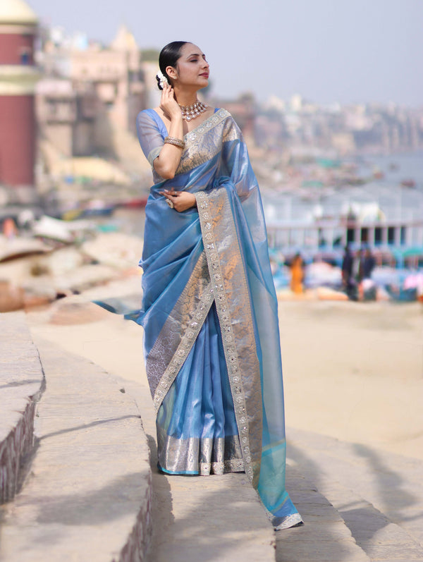 Banarasee Handloom Dual Shade Tissue Saree With Zari Border & Lace-Light Blue
