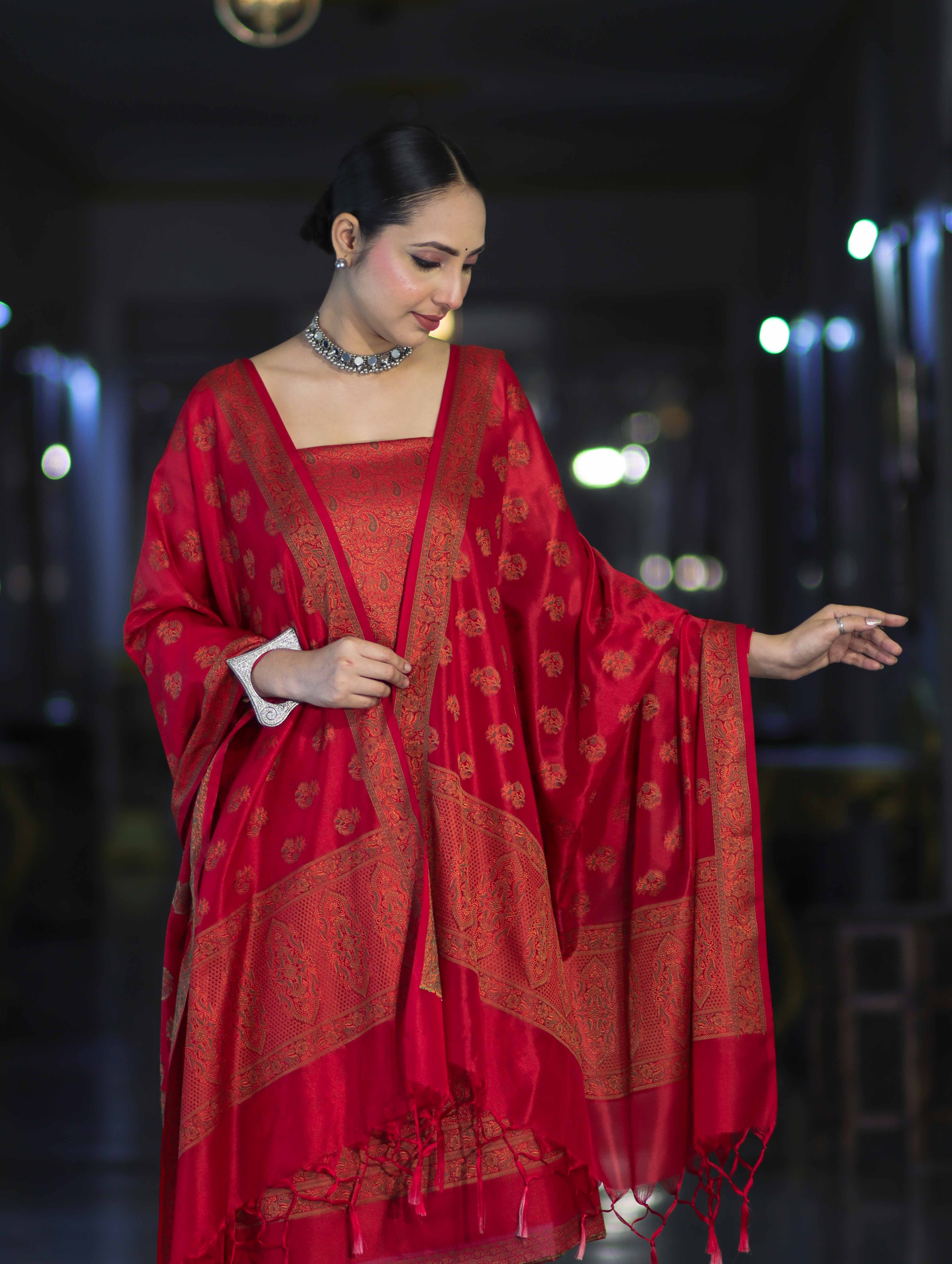 Banarasee Semi Katan Jamewar Weaving Salwar Kameez Fabric With Dupatta Set-Deep Red