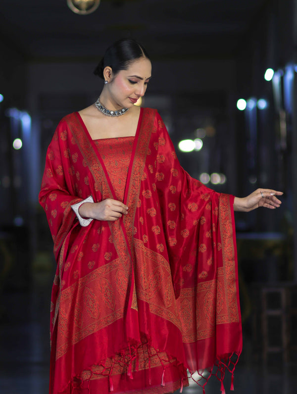 Banarasee Semi Katan Jamewar Weaving Salwar Kameez Fabric With Dupatta Set-Deep Red
