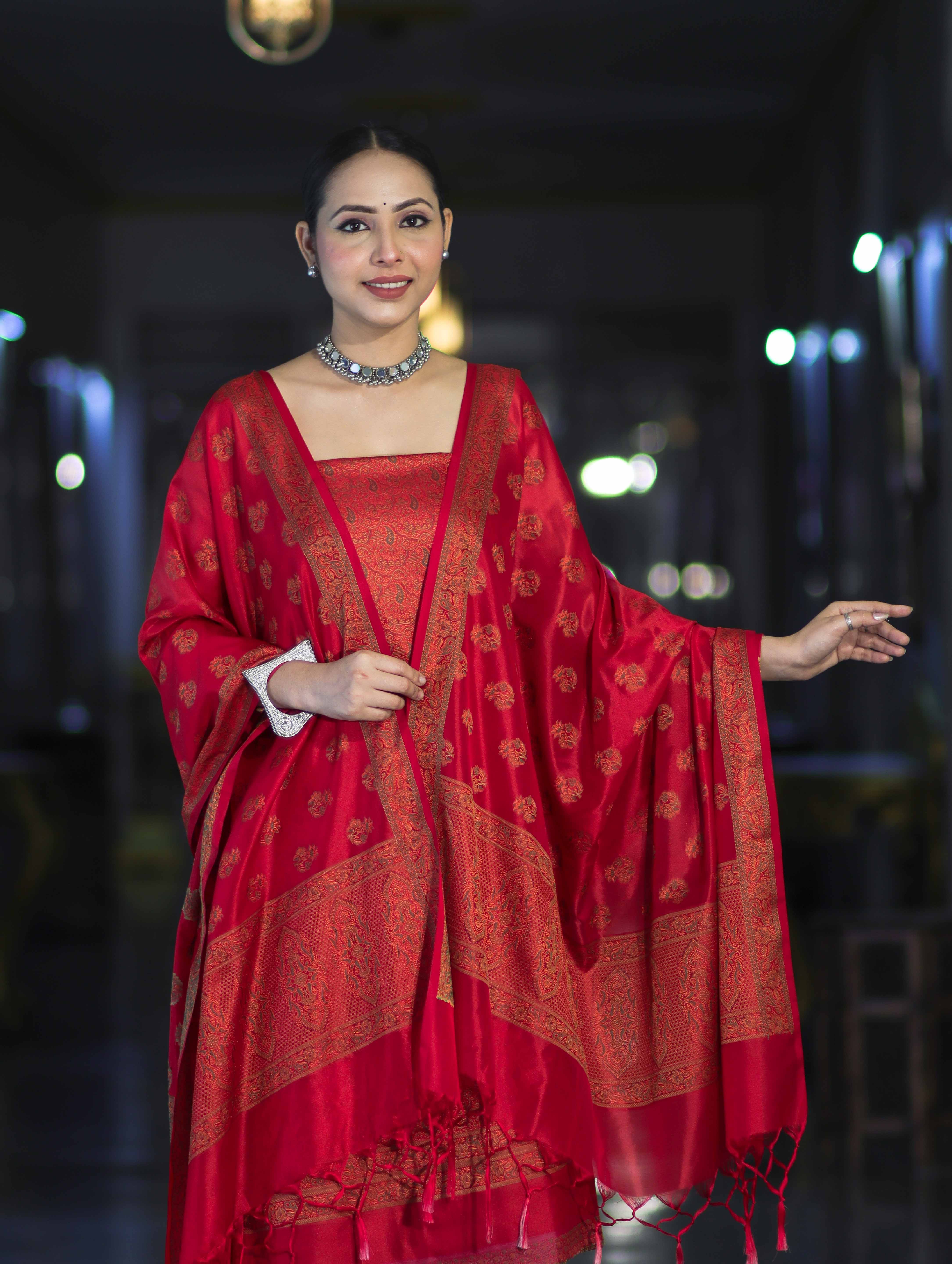 Banarasee Semi Katan Jamewar Weaving Salwar Kameez Fabric With Dupatta Set-Deep Red