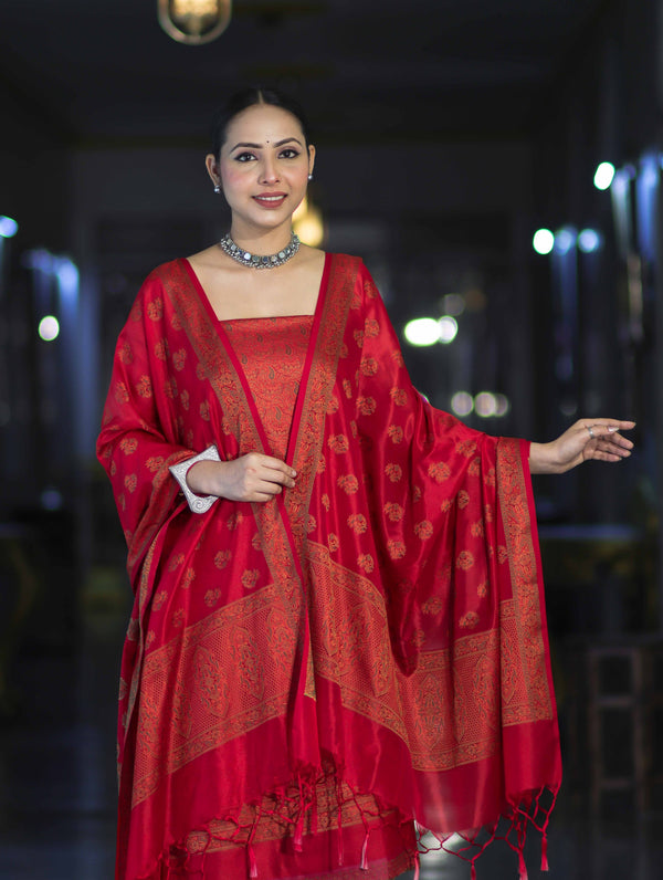 Banarasee Semi Katan Jamewar Weaving Salwar Kameez Fabric With Dupatta Set-Deep Red