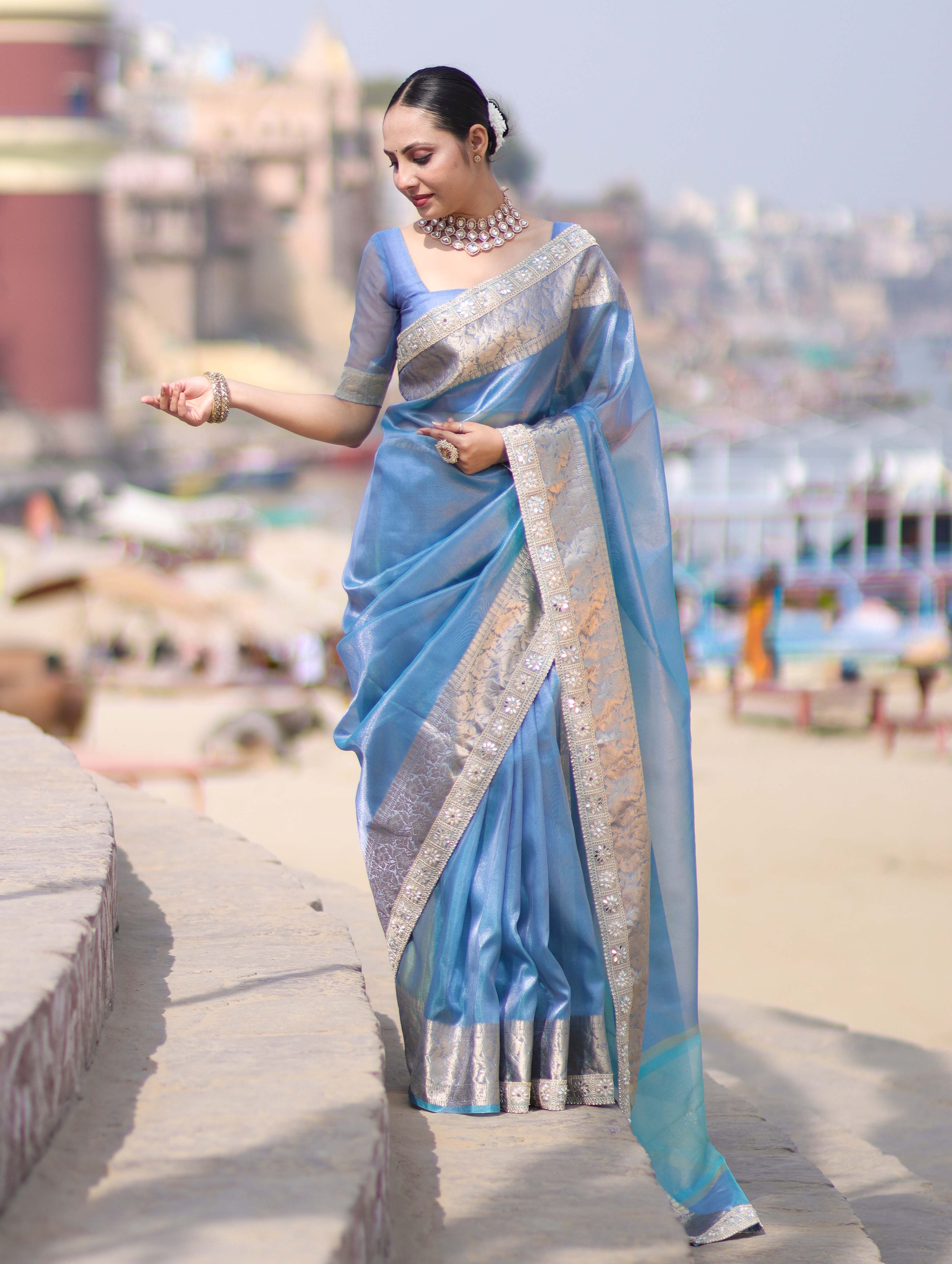 Banarasee Handloom Dual Shade Tissue Saree With Zari Border & Lace-Light Blue