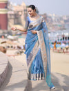 Banarasee Handloom Dual Shade Tissue Saree With Zari Border & Lace-Light Blue