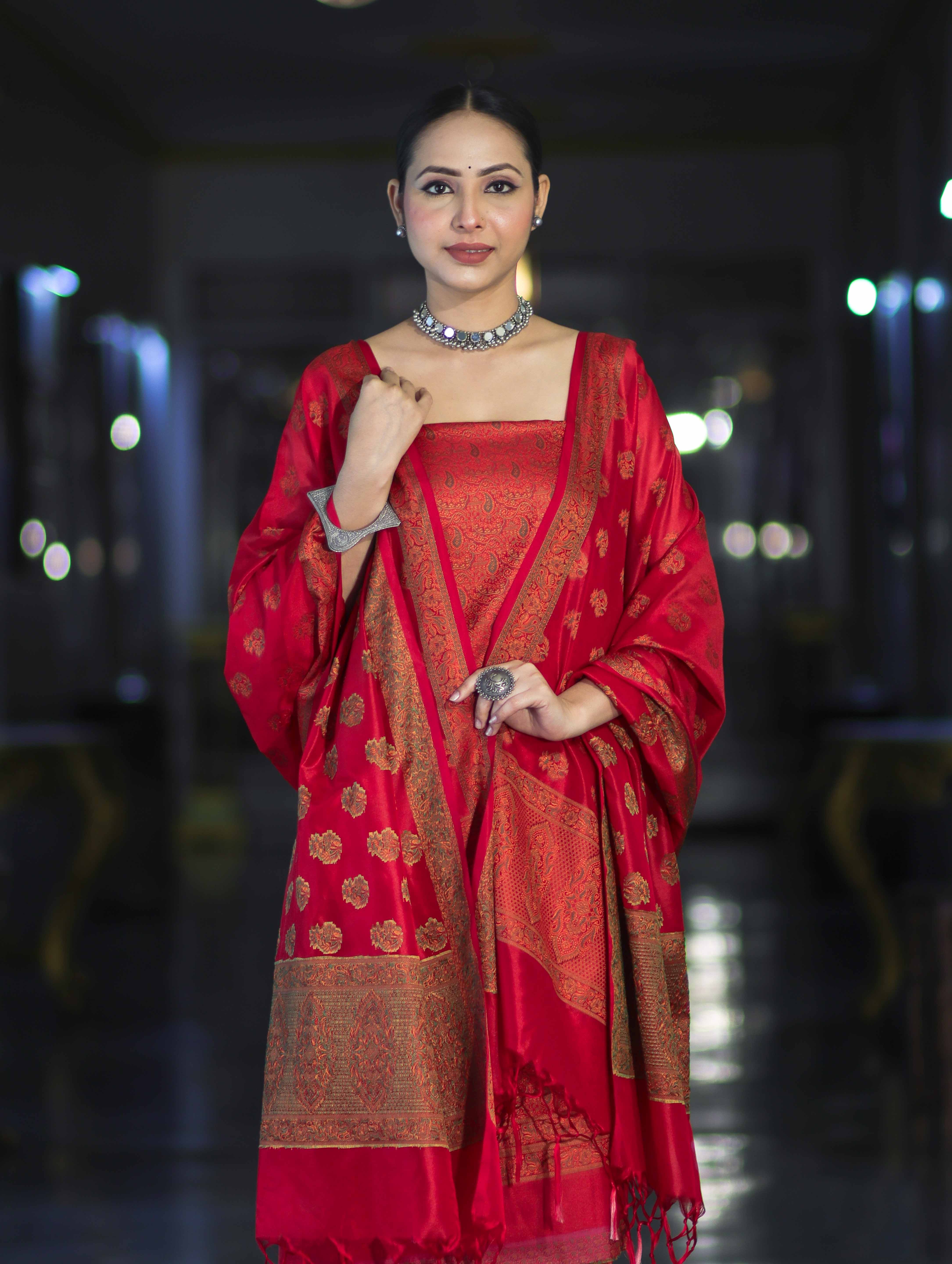 Banarasee Semi Katan Jamewar Weaving Salwar Kameez Fabric With Dupatta Set-Deep Red