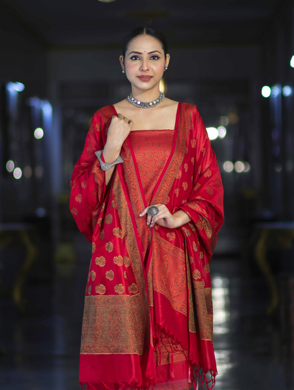 Banarasee Semi Katan Jamewar Weaving Salwar Kameez Fabric With Dupatta Set-Deep Red