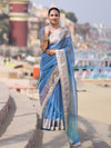 Banarasee Handloom Dual Shade Tissue Saree With Zari Border & Lace-Light Blue