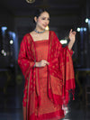 Banarasee Semi Katan Jamewar Weaving Salwar Kameez Fabric With Dupatta Set-Deep Red