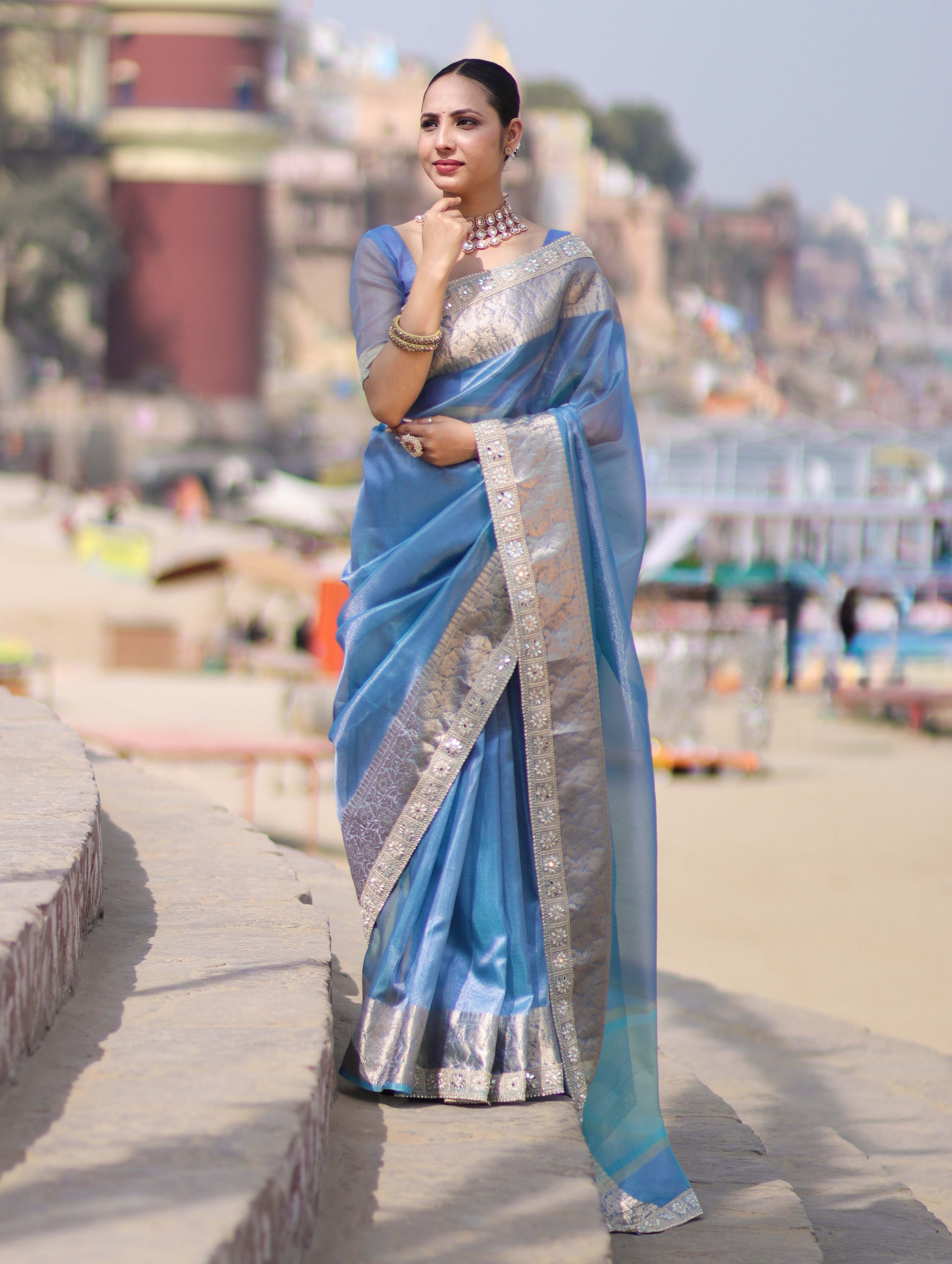 Banarasee Handloom Dual Shade Tissue Saree With Zari Border & Lace-Light Blue