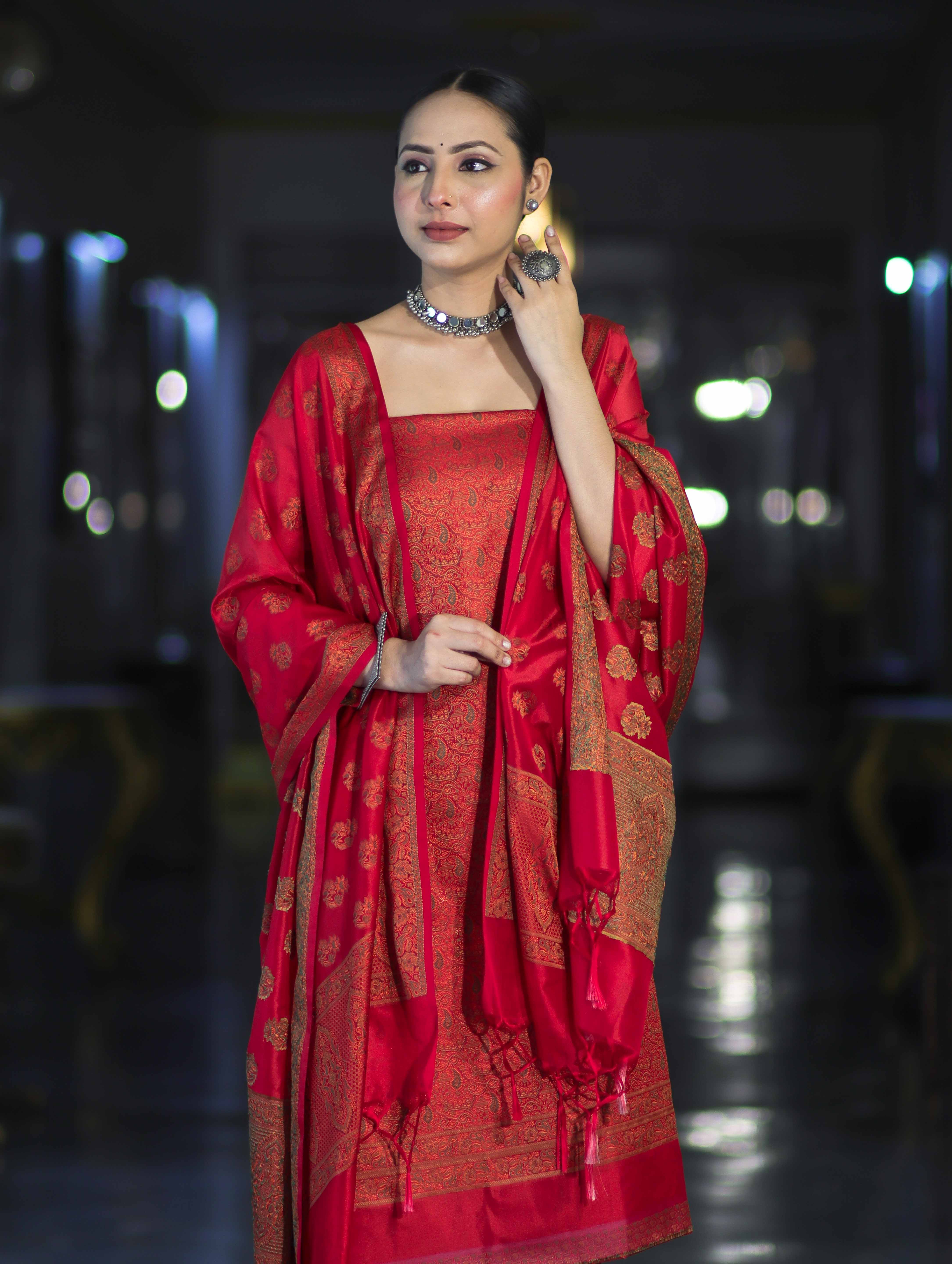 Banarasee Semi Katan Jamewar Weaving Salwar Kameez Fabric With Dupatta Set-Deep Red