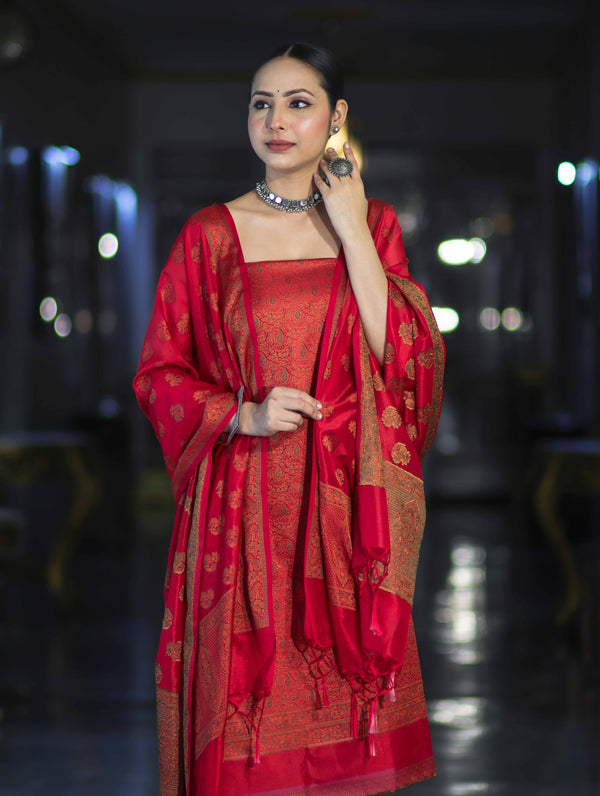 Banarasee Semi Katan Jamewar Weaving Salwar Kameez Fabric With Dupatta Set-Deep Red