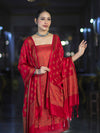 Banarasee Semi Katan Jamewar Weaving Salwar Kameez Fabric With Dupatta Set-Deep Red