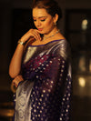 Banarasee Semi-Chiffon Saree With Silver Zari Design & Contrast Blouse-Blue & Pink