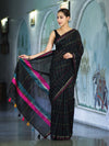 Banarasee Handloom Cotton Silk Saree With Checks Pattern & Contrast Border-Black