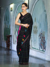 Banarasee Handloom Cotton Silk Saree With Checks Pattern & Contrast Border-Black