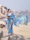 Banarasee Handloom Dual Shade Tissue Saree With Zari Border & Lace-Light Blue