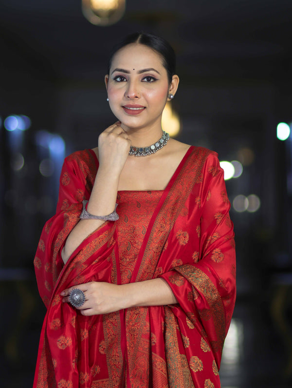 Banarasee Semi Katan Jamewar Weaving Salwar Kameez Fabric With Dupatta Set-Deep Red