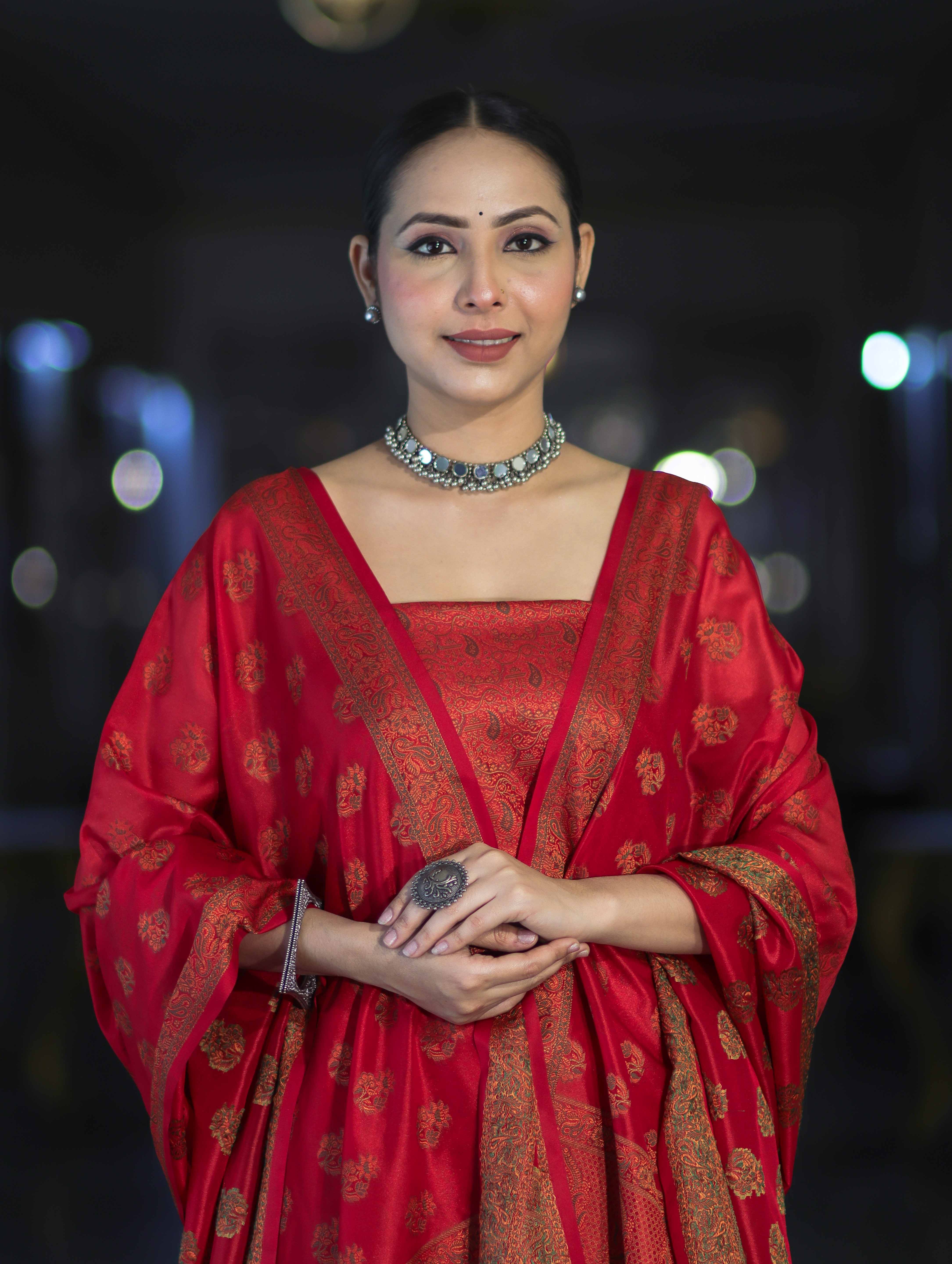 Banarasee Semi Katan Jamewar Weaving Salwar Kameez Fabric With Dupatta Set-Deep Red