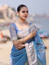 Banarasee Handloom Dual Shade Tissue Saree With Zari Border & Lace-Light Blue