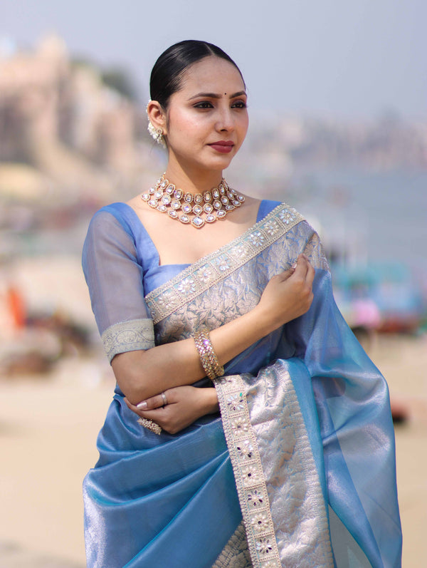 Banarasee Handloom Dual Shade Tissue Saree With Zari Border & Lace-Light Blue