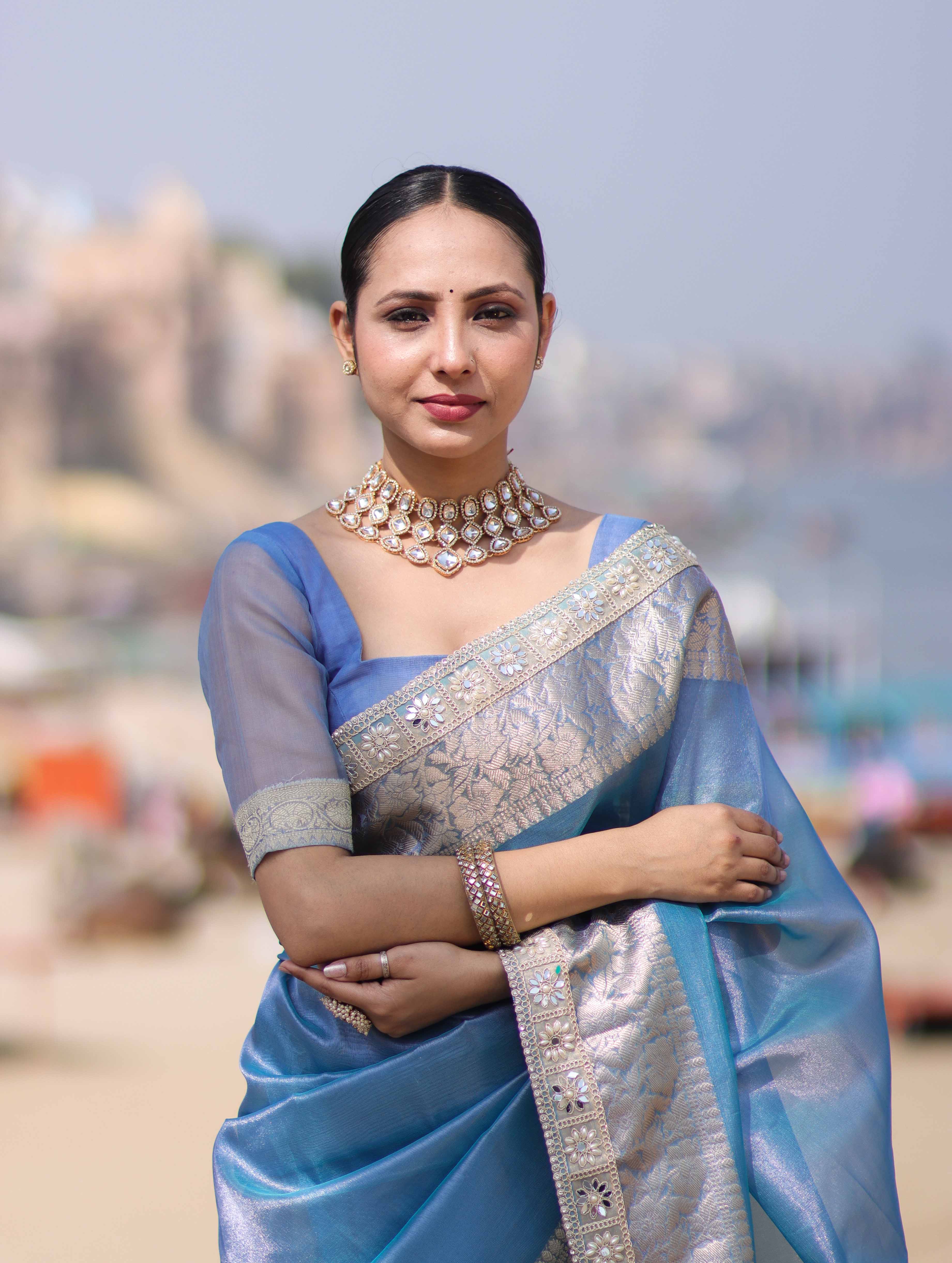 Banarasee Handloom Dual Shade Tissue Saree With Zari Border & Lace-Light Blue