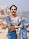 Banarasee Handloom Dual Shade Tissue Saree With Zari Border & Lace-Light Blue