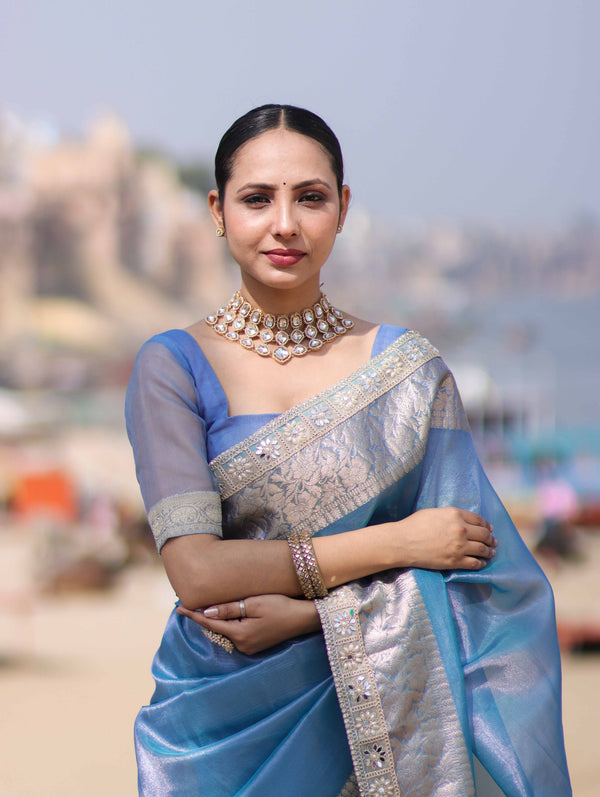 Banarasee Handloom Dual Shade Tissue Saree With Zari Border & Lace-Light Blue