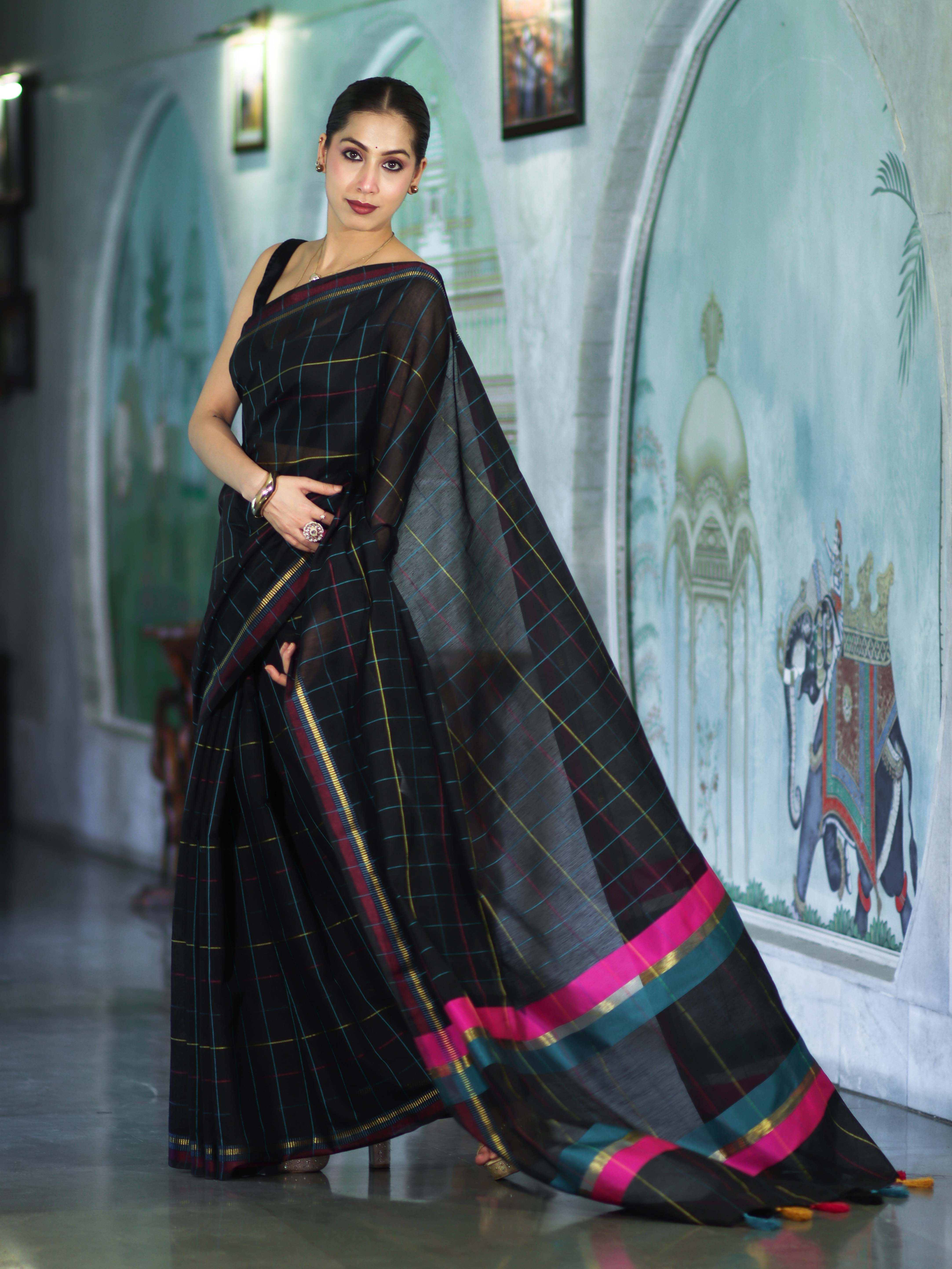 Banarasee Handloom Cotton Silk Saree With Checks Pattern & Contrast Border-Black