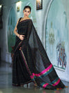 Banarasee Handloom Cotton Silk Saree With Checks Pattern & Contrast Border-Black