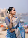 Banarasee Handloom Dual Shade Tissue Saree With Zari Border & Lace-Light Blue