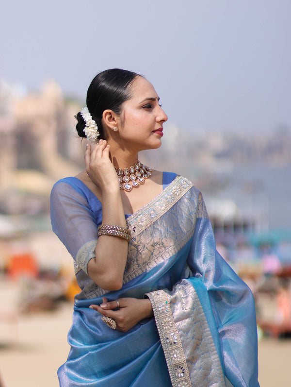 Banarasee Handloom Dual Shade Tissue Saree With Zari Border & Lace-Light Blue