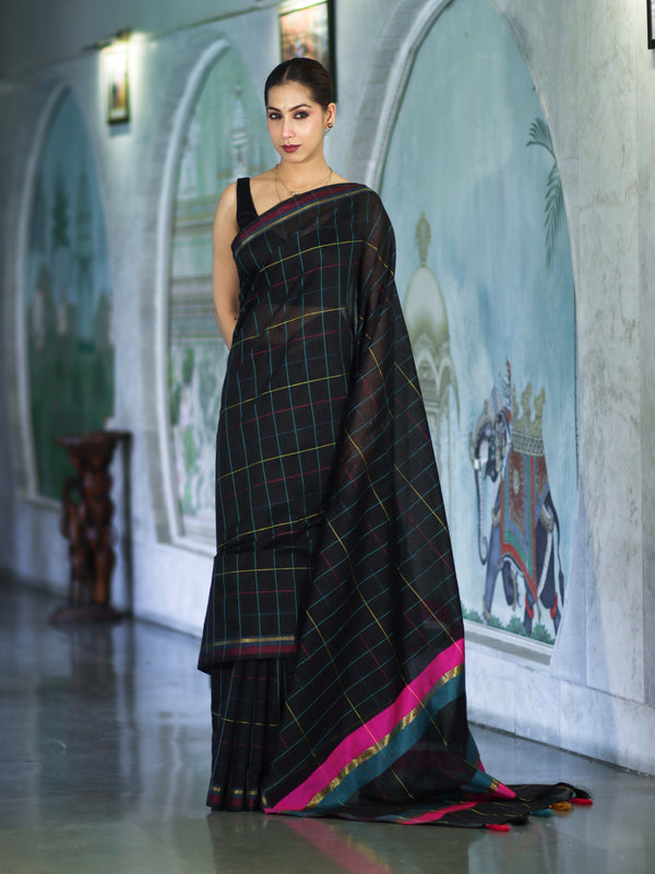 Banarasee Handloom Cotton Silk Saree With Checks Pattern & Contrast Border-Black