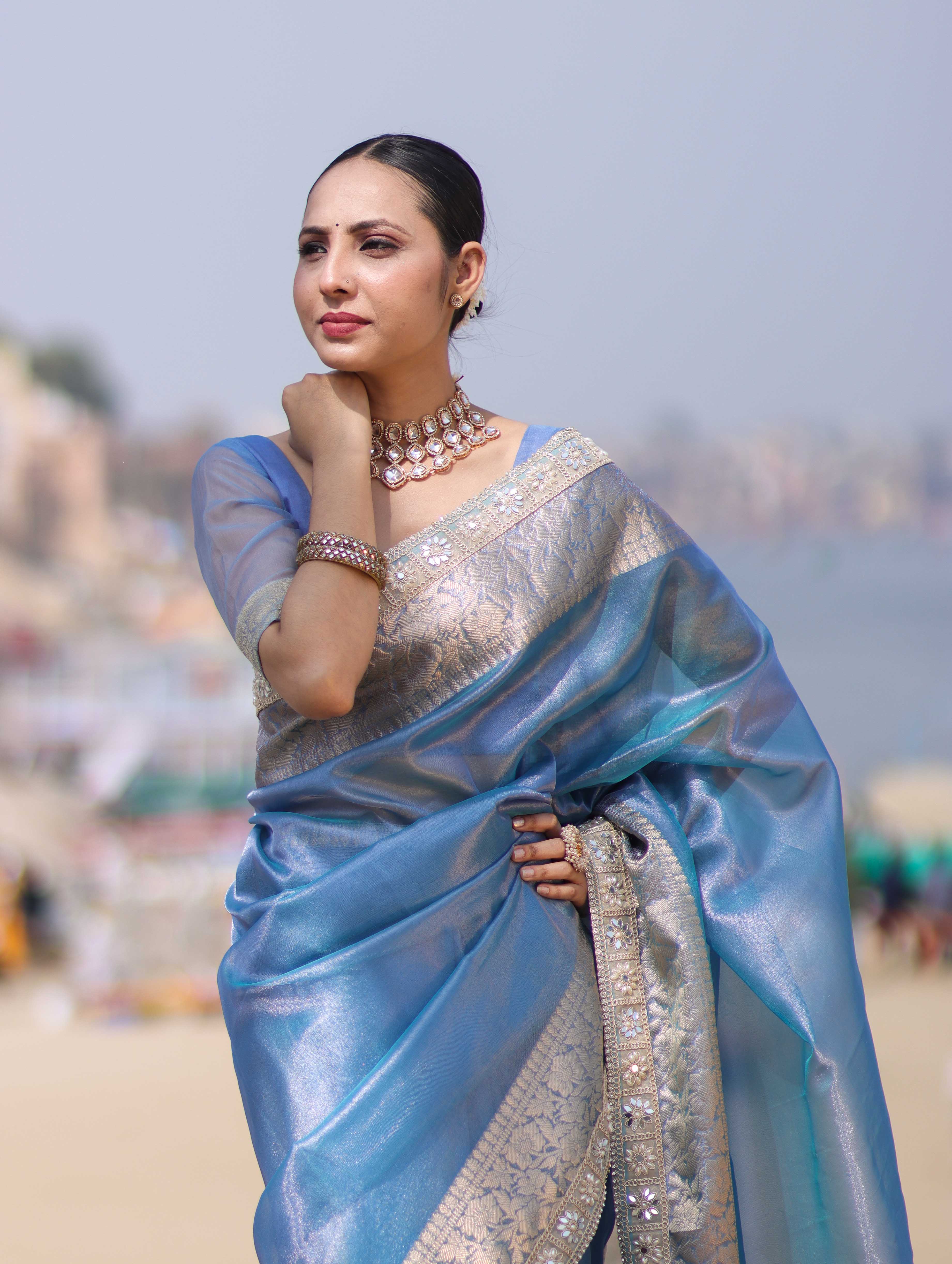 Banarasee Handloom Dual Shade Tissue Saree With Zari Border & Lace-Light Blue