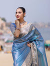 Banarasee Handloom Dual Shade Tissue Saree With Zari Border & Lace-Light Blue