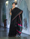 Banarasee Handloom Cotton Silk Saree With Checks Pattern & Contrast Border-Black