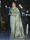 Banarasee Handwoven Tissue Saree With Handwoven Pearl Motifs & Lace-Pastel Green