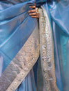 Banarasee Handloom Dual Shade Tissue Saree With Zari Border & Lace-Light Blue