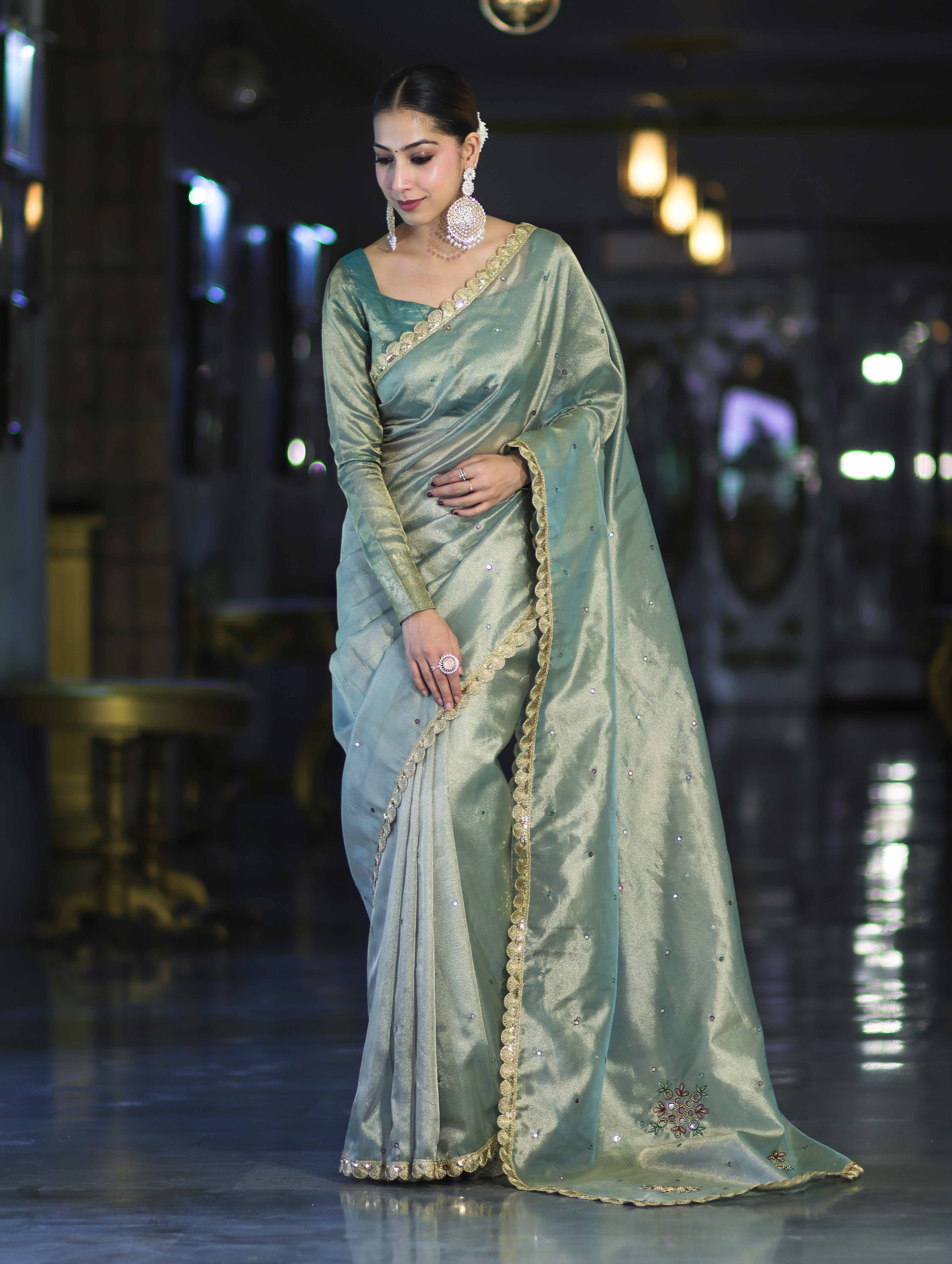 Banarasee Handwoven Tissue Saree With Handwoven Pearl Motifs & Lace-Pastel Green