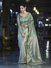 Banarasee Handwoven Tissue Saree With Handwoven Pearl Motifs & Lace-Pastel Green